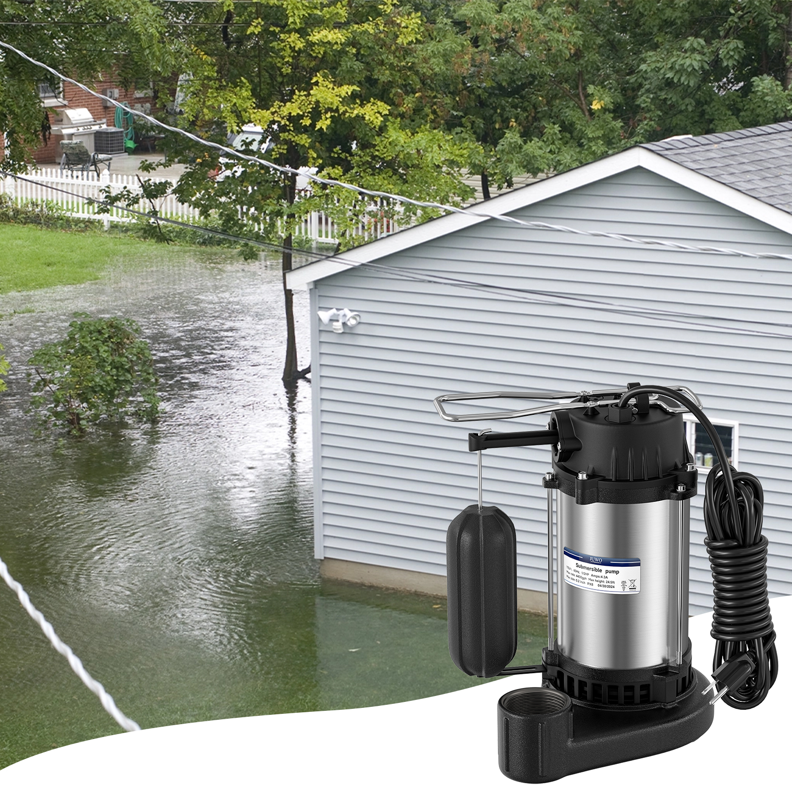 JUWO 3/4 HP Submersible Sump Pump with Vertical Float Switch, 5500